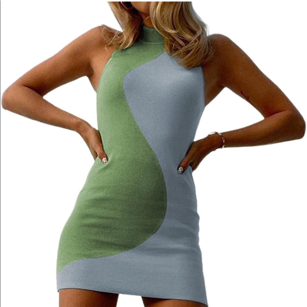 Blue and green knit dress